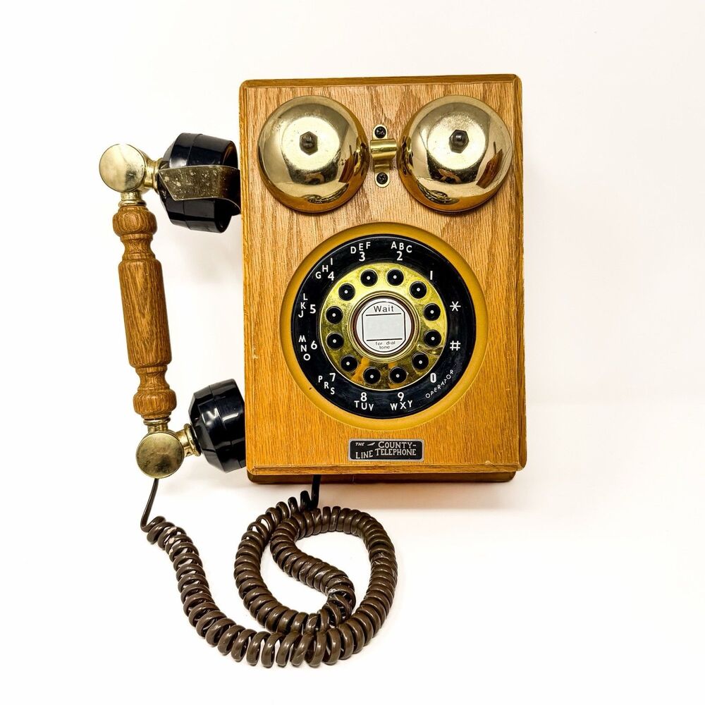 Vintage County Line Telephone Wood Wall Phone Rotary Style Push Button Brass